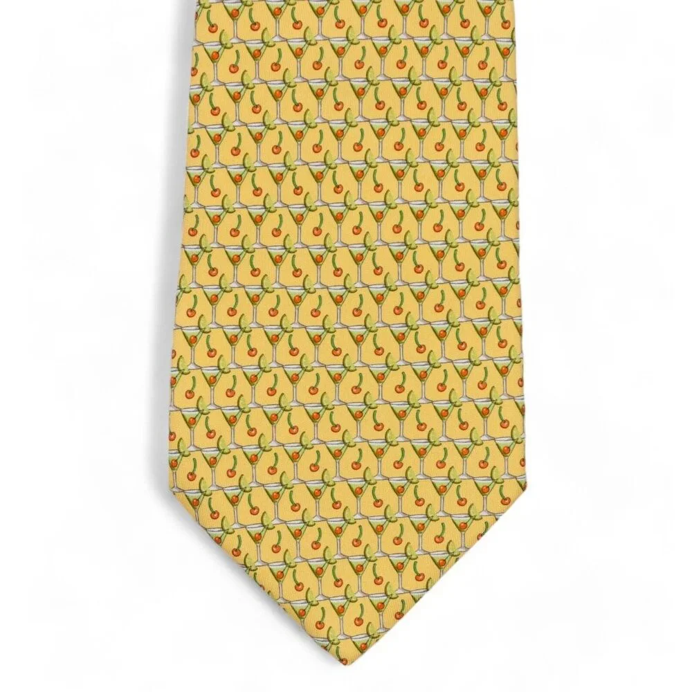 Salvatore Ferragamo Silk Neck Tie Yellow Cocktail Print Geometric Made Italy - Picture 2 of 9
